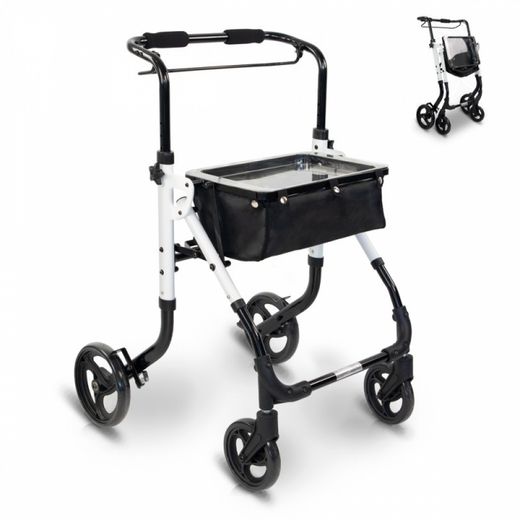 Andador plegable de aluminio, Empuñadura monomando ,Con bolsa y bandeja