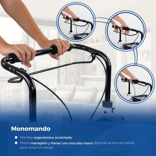 Andador plegable de aluminio, Empuñadura monomando ,Con bolsa y bandeja