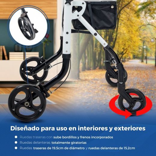 Andador plegable de aluminio, Empuñadura monomando ,Con bolsa y bandeja