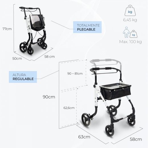 Andador plegable de aluminio, Empuñadura monomando ,Con bolsa y bandeja