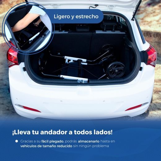 Andador plegable de aluminio, Empuñadura monomando ,Con bolsa y bandeja